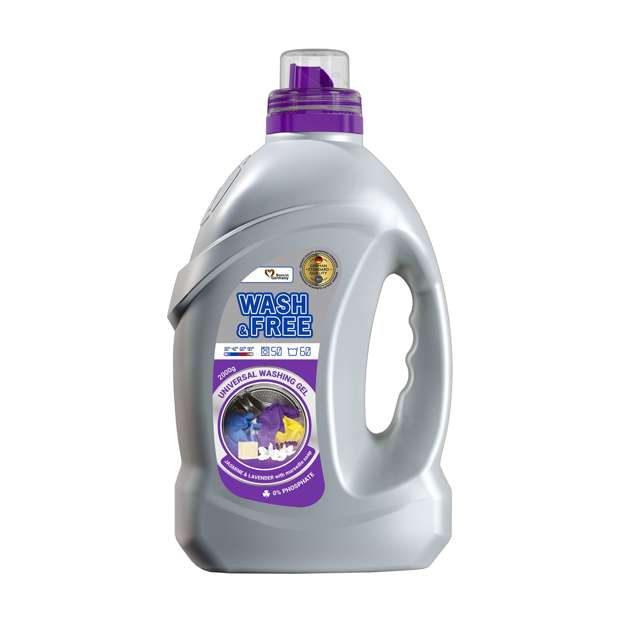Гель для прання Wash and Free універсальний, з марсельським милом, аромат жасмина та лаванди, 50 циклів прання, 2 кг